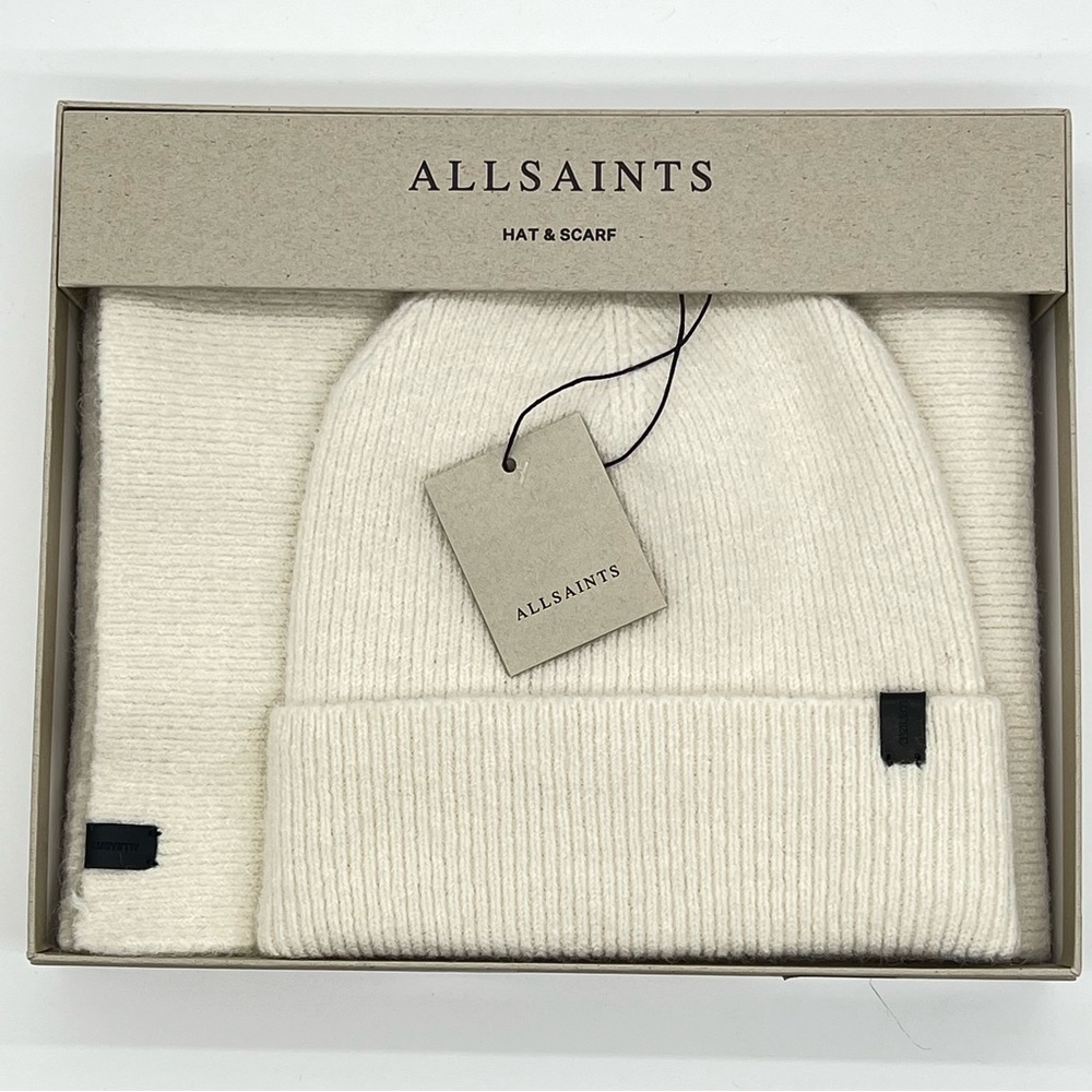 All Saints Hat and Scarf Set in Chalk NWT  IN BOX ready to gift